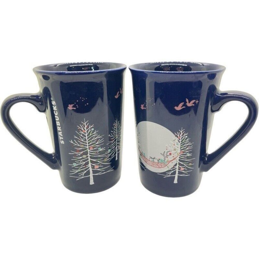 STARBUCKS Blue Night Coffee Mug Cup 10 oz Moon Trees Doves Deer 2019 - Set Of 2